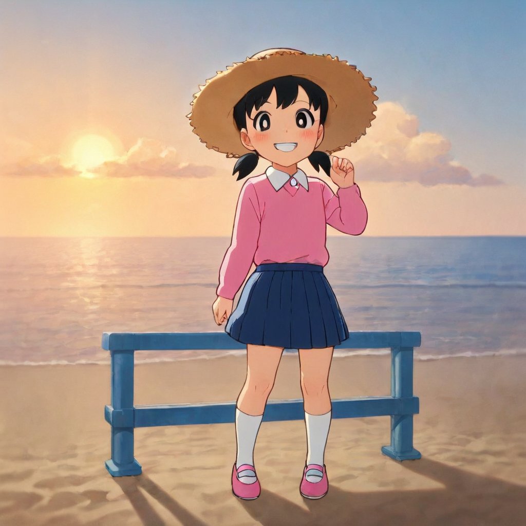 score_9, score_8_up, score_7_up, score_6_up, score_5_up, score_4_up, source_anime,minamoto sizuka,1girl, outdoors, hat, solo, skirt, twintails, black hair, socks, sky, shirt, blue skirt, beach, smile, day, cloud, shoes, black eyes, pink footwear, ocean, white socks, looking at viewer, long sleeves, pink shirt, blue sky, standing, full body, pleated skirt, bright pupils, short twintails, water, child, white pupils, collared shirt, blush, grin, straw hat, sun hat, hand up, low twintails,masterpiece, perfect face, best quality, beautiful girl, cute girl, beautiful eyes, shiny eyes, anime coloring, anime screencap, absurdres, award winning, full body, <lora:minamoto shizuka auti 903:0.8>