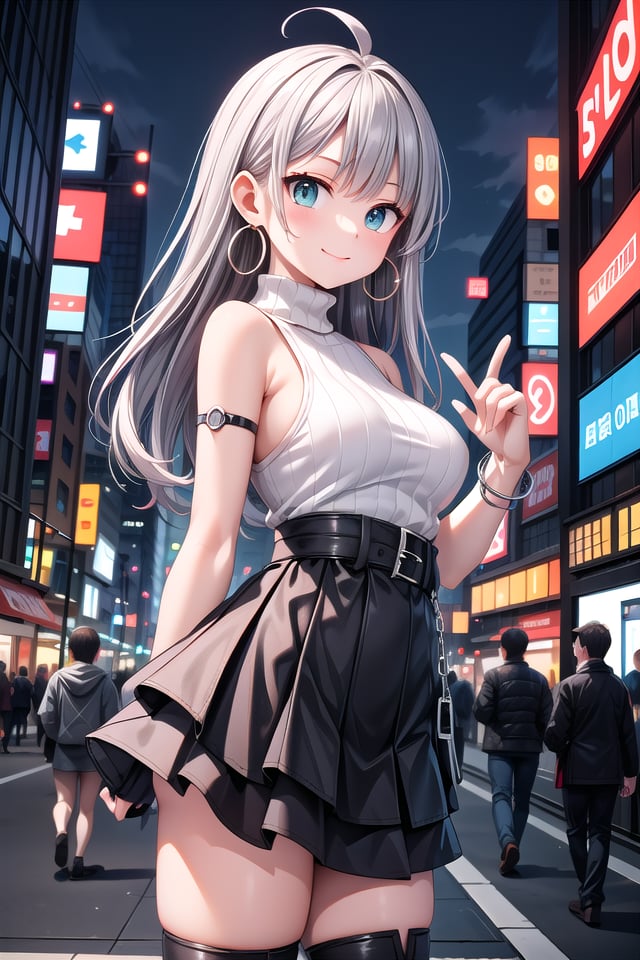 insanely detailed, absurdres, ultra-highres, ultra-detailed, best quality,1girl, solo, nice hands, perfect handsBREAK(Cyberpunk theme:1.2), ((wear an oversized white turtleneck with holographic circuit pattern) paired with (black A-line layered skirt):1.2), (black thigh-high boots:1.2)BREAK(silver accessories:1.2), (silver hoop earrings:1.2), (silver ankle bracelet:1.2)BREAKhappy smile, laugh, closed mouthBREAKfrom side,standing, cowboy shot, looking at viewerBREAKslender, kawaii, perfect symmetrical face, ultra cute girl, ultra cute face, ultra detailed eyes, ultra detailed hair, ultra cute, ultra beautifulBREAKshibuya, akihabara, tokyo, street, crowd, cityscape, depth of field, ultra detailed backgroundBREAKlarge breastsBREAKpink hair, dark green eyes, afro,