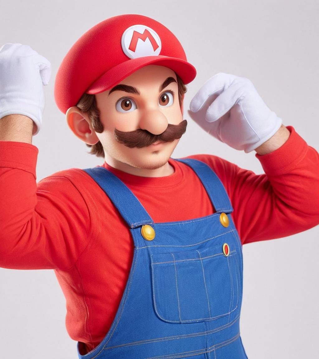 mario, mario (series), 1boy, blue overalls, brown hair, facial hair, gloves, hat, male focus, mustache, overalls, red headwear, red shirt, shirt, short hair, upper body, white gloves. <lora:Dall-e_3_0.3-v2-000003>