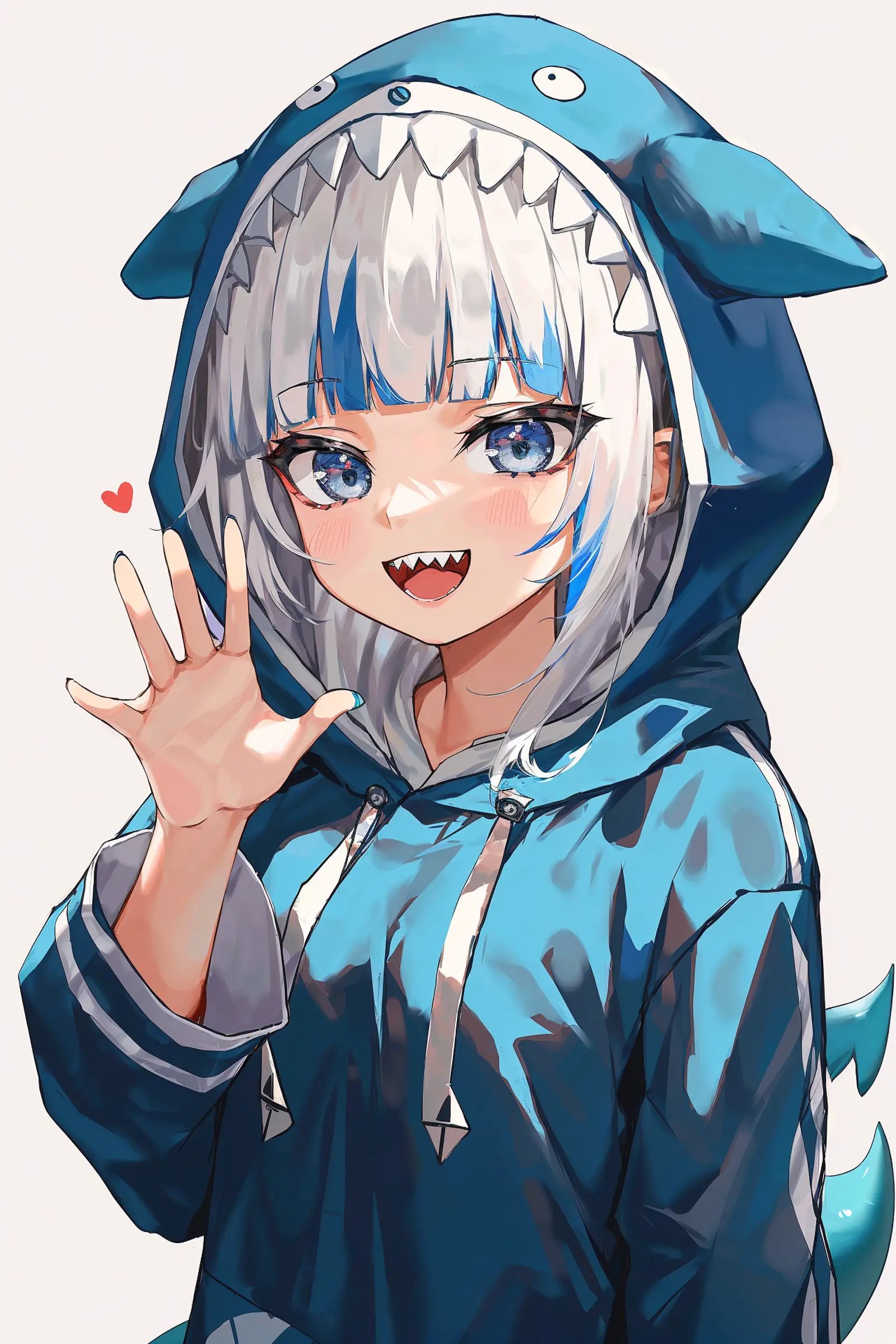 by myung yi, 1girl, gawr gura, sharp teeth, bloop (gawr gura), virtual youtuber, hood, tail, teeth, shark tail, fish tail, blue eyes, multicolored hair, blue hair, blue nails, streaked hair, claw pose, blue hoodie, animal hood, shark hood, open mouth, shark girl, grey hair, looking at viewer, hoodie, smile, long sleeves, bangs, nail polish, white background, simple background, hand up, heart, :d, hood up, blush, medium hair, blunt bangs, wide sleeves, upper body, drawstring, semi-realistic