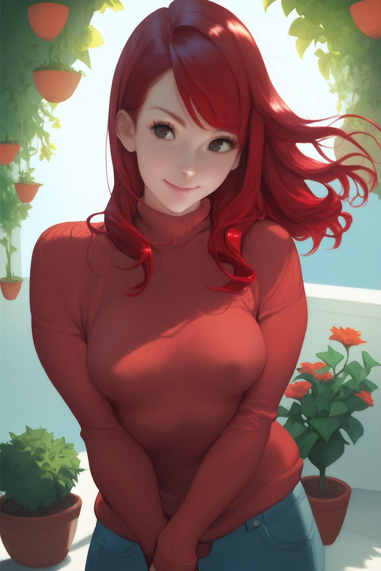 score_9, score_8_up, score_7_up, 1girl, smile, red hair, swept_bangs, black eyes, medium breasts, covered nipples, sweater, garden, <lora:Sakimichan_PonyXL_style_v01.10.02.05:1>