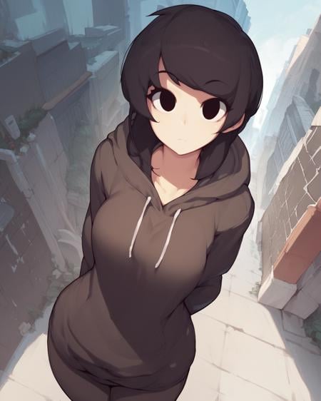 score_9, score_8_up, score_7_up, solo, 1girl, woman, cute, black hair, straight hair, hoodie, outdoors, urban, looking at viewer, cowboy shot, dynamic angle, black eyes, by fizintine, <lora:Fizintine_Art_Style_Pony_DIffusion:1>