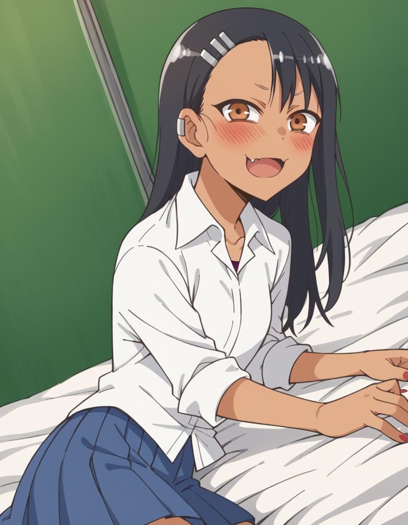 score_9, score_8_up, score_7_up, source_anime,hayasenagatoro, <lora:hayase-nagatoro-s1s2-ponyxl-lora-nochekaiser:1>,hayase nagatoro, long hair, bangs, black hair, hair ornament, brown eyes, hairclip, fang, dark skin, dark-skinned female, tan,skirt, shirt, school uniform, white shirt, pleated skirt, nail polish, blue skirt, red nails, earclip,indoors, bed, bed room, on side, blush, drunk,looking at viewer, cowboy shot, solo, dutch angle,