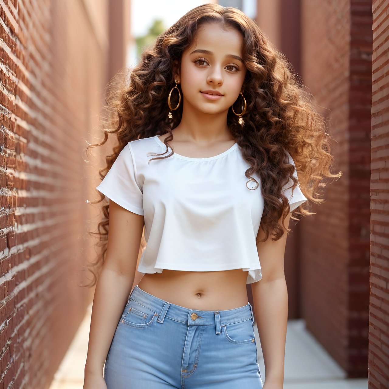 SFW, extra resolution, dolly short of self-assurance (AIDA_LoRA_SabiC:1.18) <lora:AIDA_LoRA_SabiC:0.67> wearing a white shirt and standing next to the brick wall, leaning on wall, outdoors, sunlight, building, young girl with pretty face, long curly hair, hair blown by the wind, golden earrings, intimate, cinematic, trending on getty images