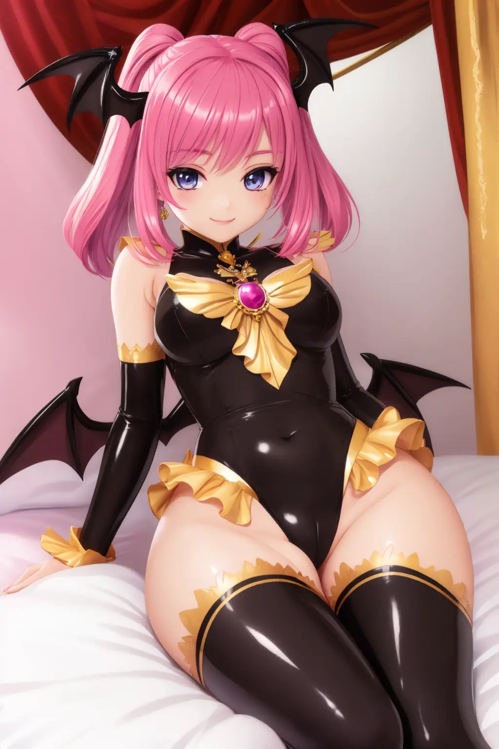 goddess, ((corruption magical girl)), textile shading latex suit with many frills, demon wing, beautiful detailed eyes, light smile, in heat, imperial palace bed, lure to bed temptation, (pastel color hair), gold accessory, (jewel), (crotch tattoo), subtle ambient glow, global illumination, ultimate quallity,