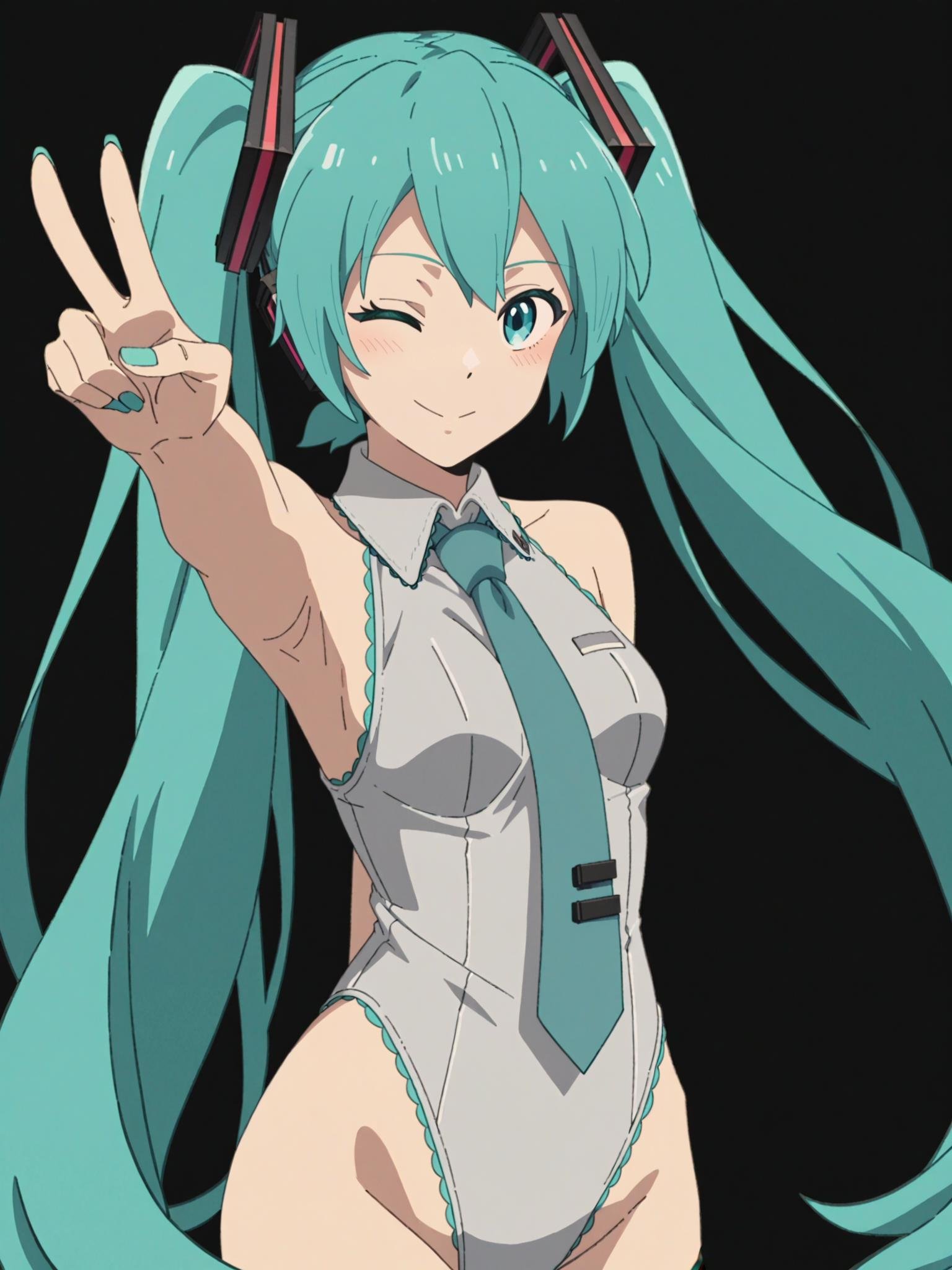 score_9, score_8_up, score_7_up, score_6_up, score_5_up, score_4_up, rating_safe,BREAK1girl, hatsune miku, cyan hair, cyan eyes, smile, wink,BREAKstanding, white leotard, cyan necktie, arched back, arm behind back, peace sign,BREAK(black background:1.1), simple background, dynamic pose, dynamic angle, angled shot, screencap, <lora:Lunas-Mushoku-Tensei-SDXL-A4:1>