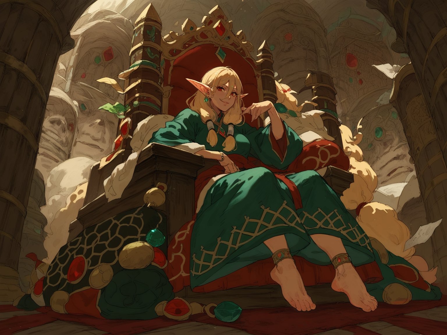 1girl anklet barefoot blonde_hair breasts ear_bar earclip elf feet full_body gem green_gemstone hair_between_eyes hair_tubes indoors jewelry knees_apart_feet_together long_hair looking_at_viewer low-tied_sidelocks parted_lips pile_of_books pointy_ears red_eyes robe shiny_skin sidelighting sidelocks sitting sitting_on_throne smile smirk solo throne white_robe, <lora:OkuStyle-15:0.8>, score_9, score_8_up, score_7_up