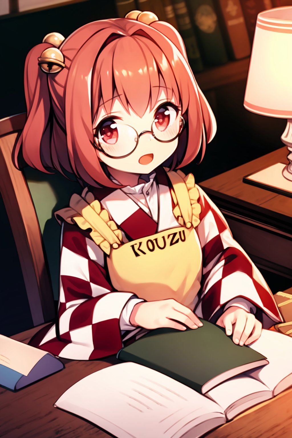 masterpiece, best quality,<lora:MotooriKosuzu:1>,1girl, motoori kosuzu, hair bell, hair ornament, bell, phonograph, apron, checkered clothes, solo, book, japanese clothes, two side up, red eyes, glasses, sitting, red hair, kimono, eyewear removed, checkered kimono, chair, bookshelf, wide sleeves, looking at viewer, short hair, cup, desk, quill, long sleeves, open mouth, holding eyewear, jingle bell, paper, lamp, holding, table, open book, indoors, shirt, checkered shirt, book stack