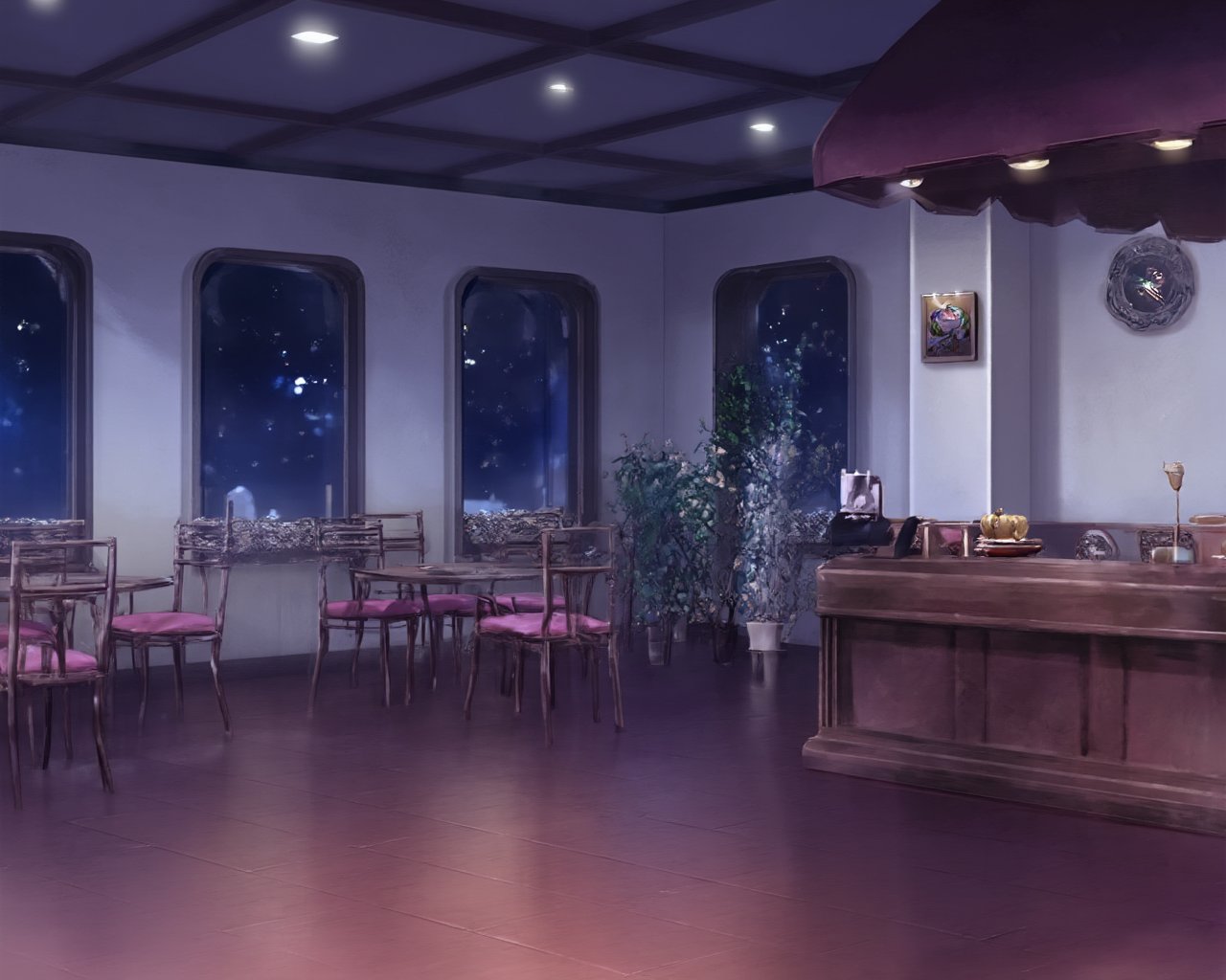 <lora:flux-backgroud:2>,The image shows the interior of a restaurant or cafe at night. The room is dimly lit with blue lights, creating a cozy and inviting atmosphere. The floor is made of dark tiles, and the walls are painted in a light blue color. There are several wooden tables and chairs arranged in a semi-circle around the room, with a few potted plants scattered around. On the right side of the image, there is a wooden counter with a clock and other decorative items on top. Above the counter, there are large windows that let in natural light. The overall ambiance of the room is warm and inviting, with plenty of natural light coming in from the windows. <lora:flux-shiratama-R2:1>,The image is a digital illustration of a young girl with long brown hair and pink eyes. She has two black bows on her head and a black bow tie around her neck. She is wearing a pink blouse with a black skirt and a necklace with a white pendant. Her hair is styled in two braids and she is holding her hands together in front of her face. The background is a light pink color with small white hearts scattered around. The girl has a peaceful expression on her face and is looking off to the side.