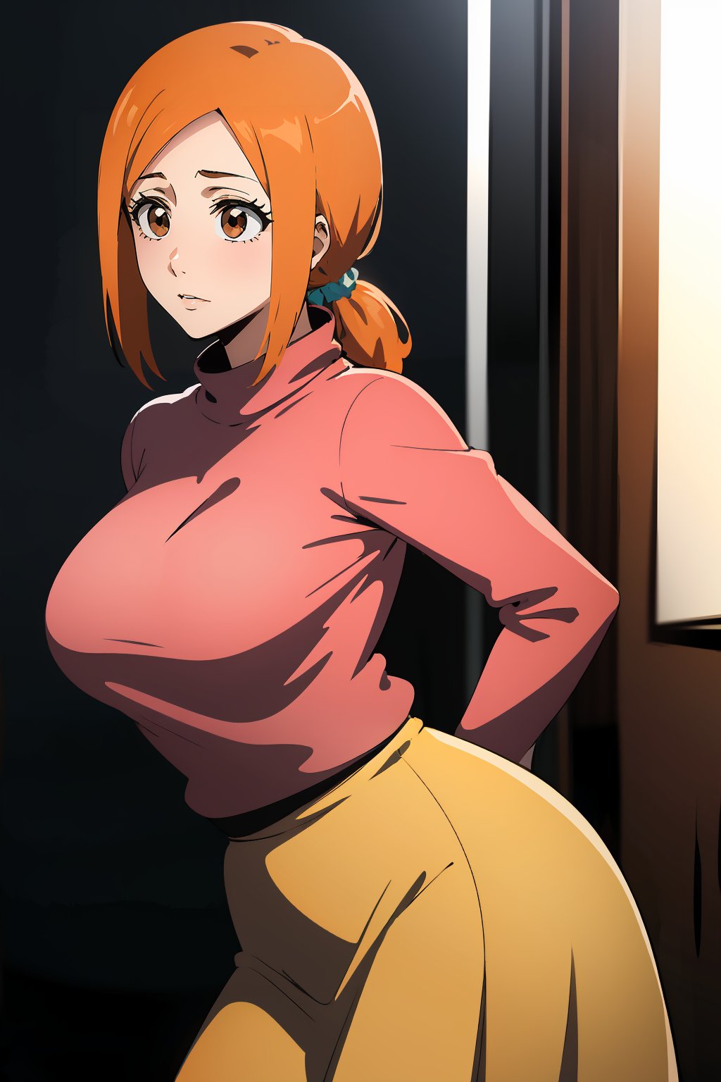 masterpiece,high quality,highres,1girl,solo,large breasts,<lora:orihime-v4-wasabiya:1>,orihime,orange hair,brown eyes,pink sweater,skirt,arms behind back,low ponytail,mature female,scrunchie,