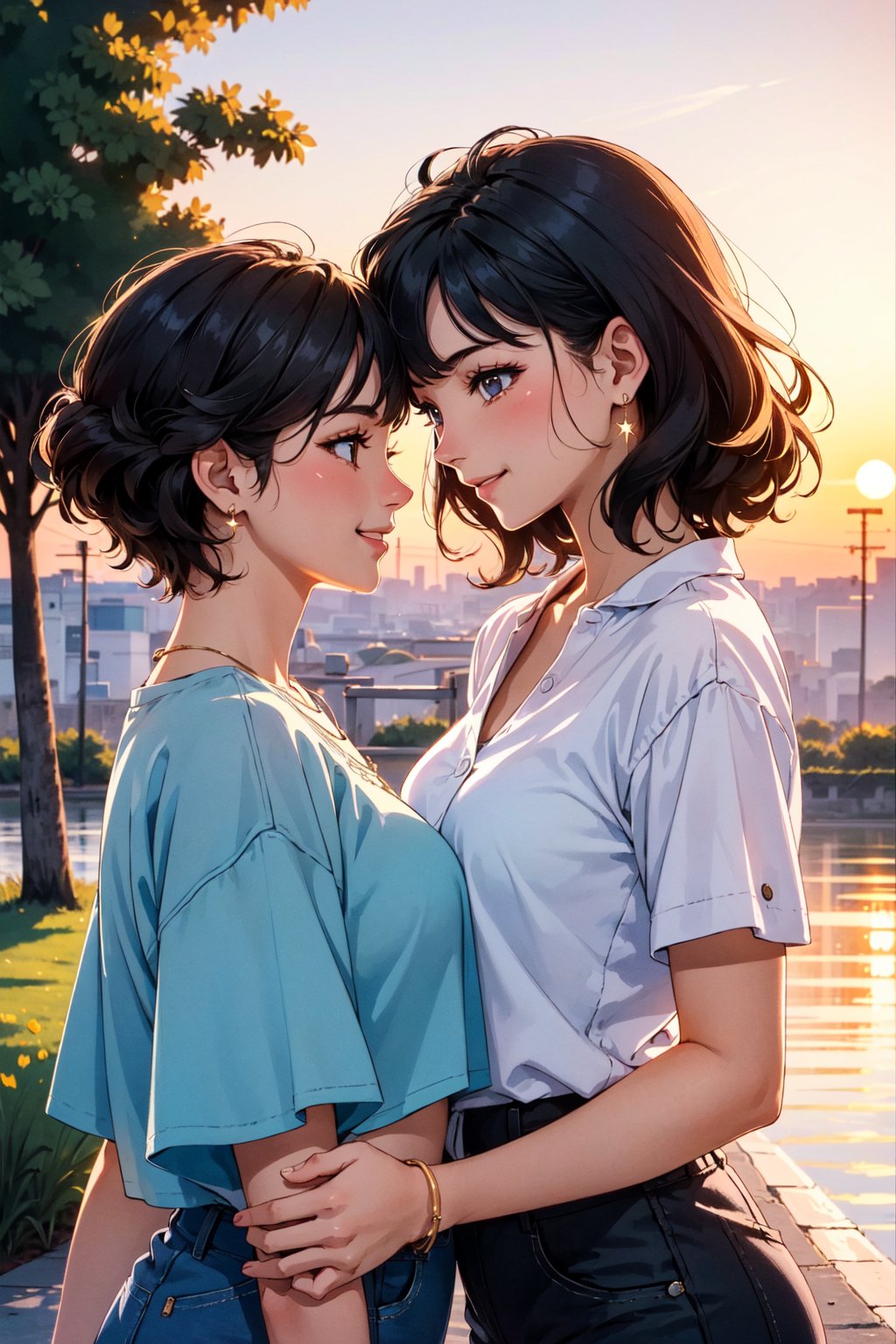 (masterpiece, best quality:1.2), intricate detail, (2girls), nature, sunset, golden hour, warm glow, vaporwave, neon, 80s, hand on another's shoulder, casual outfit, smile, looking at another,