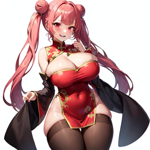 1girl, solo, original, chinese clothes, red dress, brown bodysuit, brown pantyhose, cleavage, cleavage cutout, bare shoulders, detached sleeves, red eyes, pink eyes, streaked hair, long hair, twintails, cone hair bun, huge breasts, curvy, thick thighs, bouncing breasts, seductive smile, naughty face, lewd, sexy, hot, glamorous, blunt bangs, standing, cleft of venus, white background, simple background, anime screencap, anime coloring, key visual, studio anime, standing, 