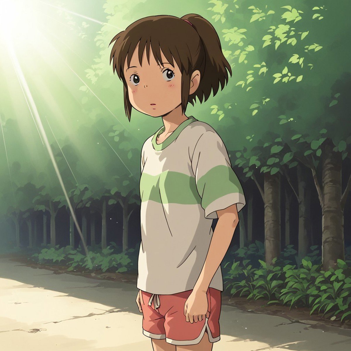 score_9, score_8, score_9, BREAK, solo, chihiro, brown hair, short hair, ponytail, black eyes, shorts, shirt, outdoors, sunlight, natural lighting