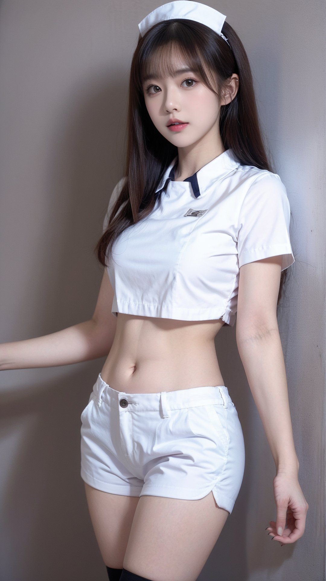 <lora:meinv216:0.8>,1girl,solo,navel,shorts,thighhighs,white shorts,breasts,realistic,long hair,midriff,hat,crop top,white thighhighs,brown hair,short shorts,nurse,looking at viewer,nurse cap,parted lips,