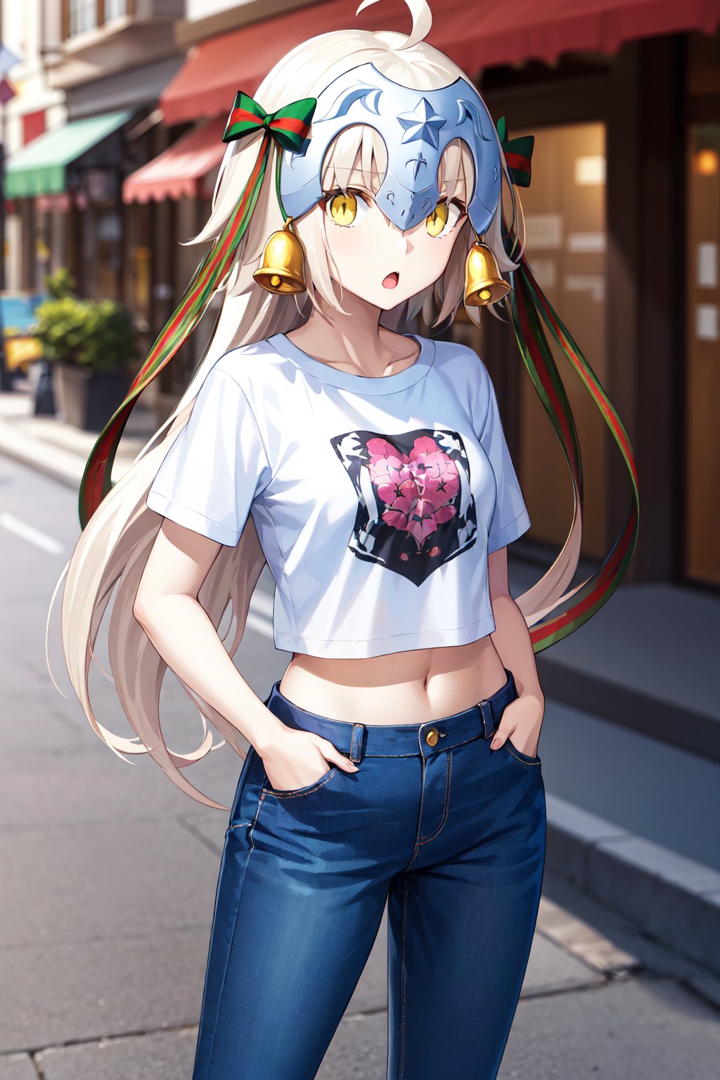 masterpiece, best quality, highres, aasl, long hair, ahoge, headpiece, bell, hair ribbon, <lora:jeanne_d'arc_alter_santa_lily_(fate)_v1:0.7>, white shirt, t-shirt, midriff, jean, hands in pockets, street, :o, standing, cowboy shot