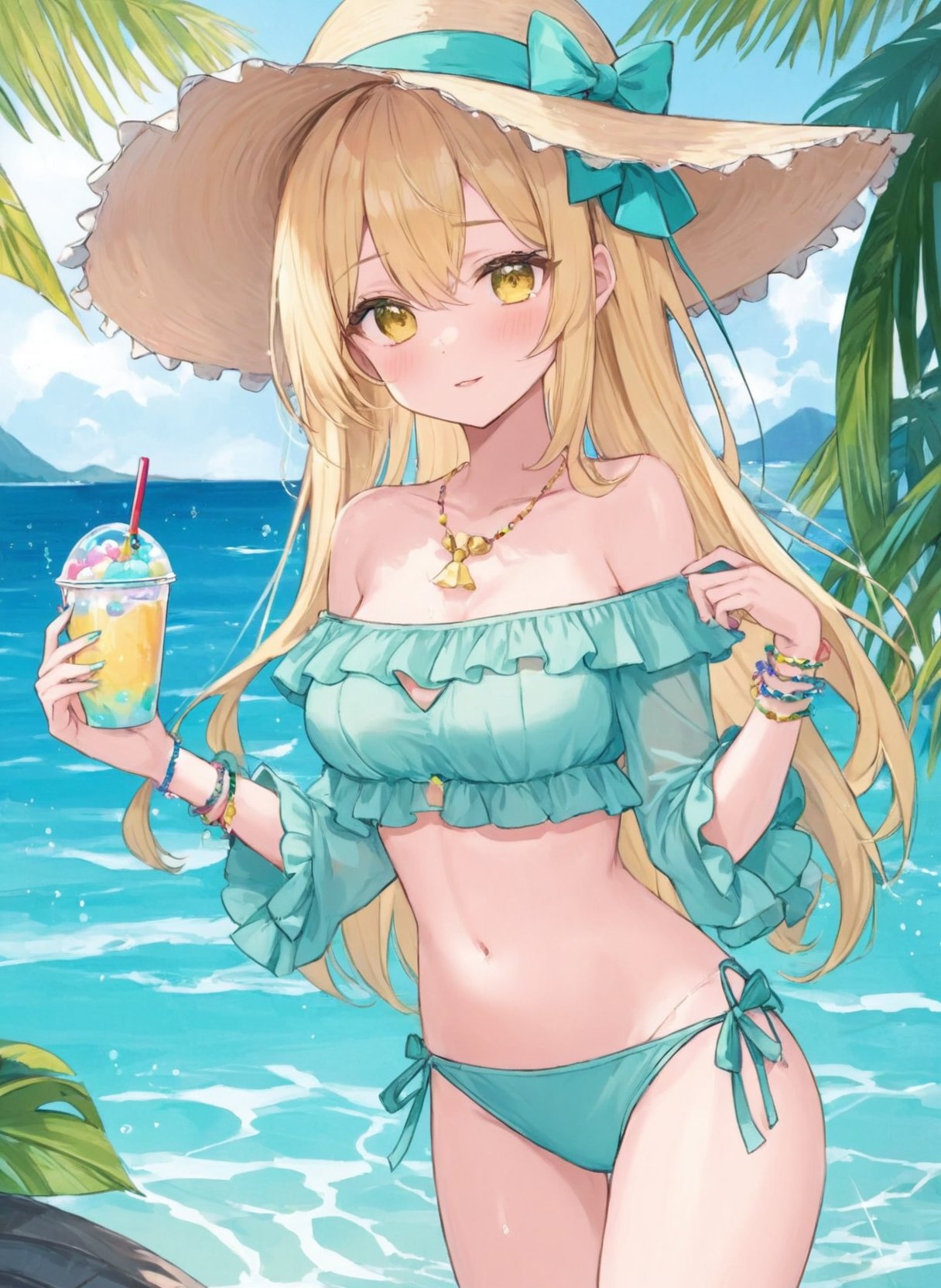 1girl, solo, full body, aqua nails, blonde hair, eyelashes, fingernails, long eyelashes, long hair, yellow eyes,arm support, blush, closed mouth, leaning forward, looking at viewer, solo, staring,bare shoulders, bikini, bow, bracelet, cleavage, collarbone, earrings, frilled bikini, frills, hair ornament, hat, jewelry, long sleeves, nail polish, navel, necklace, off shoulder, see-through, shirt, stomach, sun hat, swimsuit, thighs, wet clothes,holding, cup,