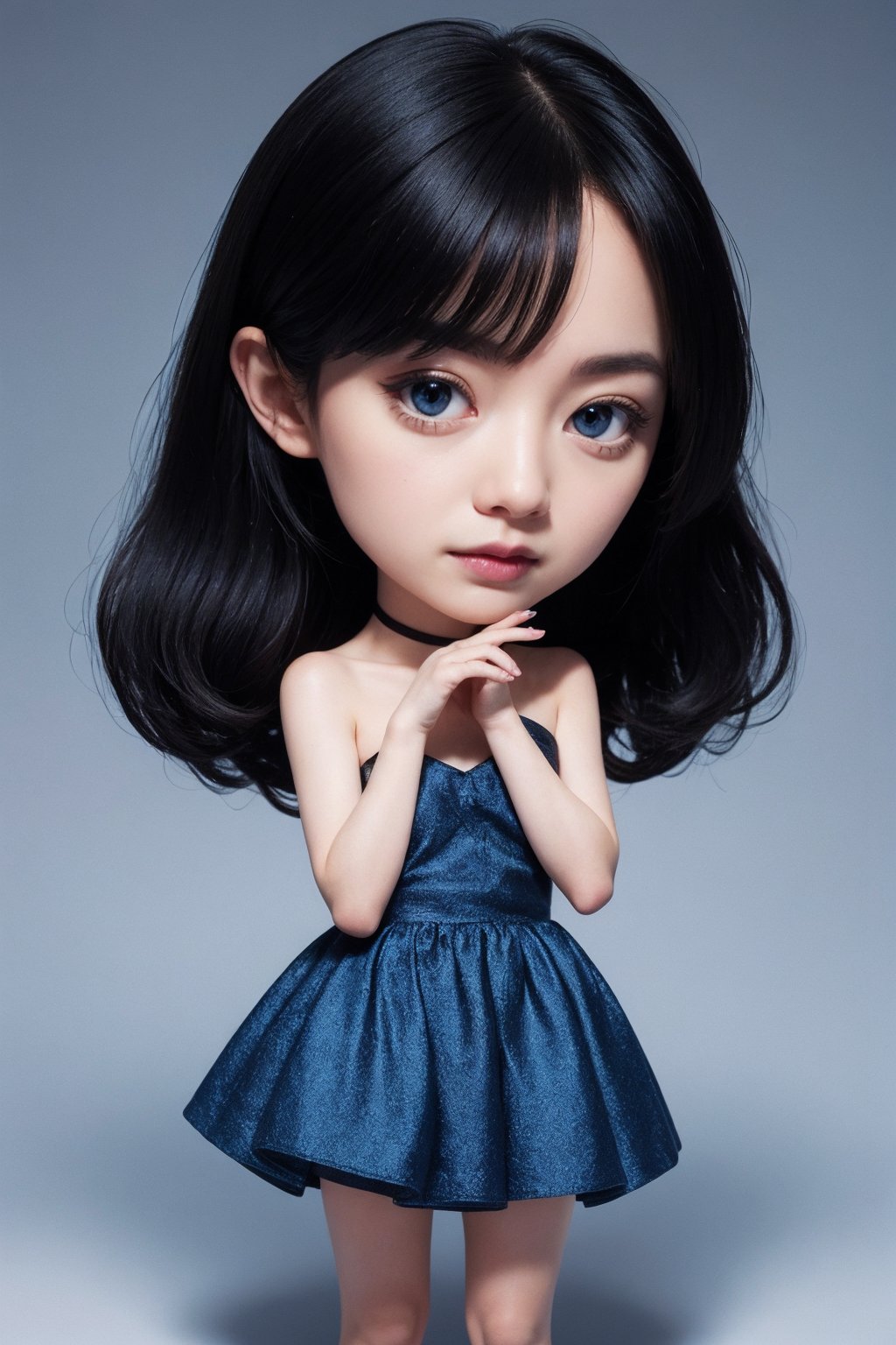 1woman,chibi,blue dress,black hair,