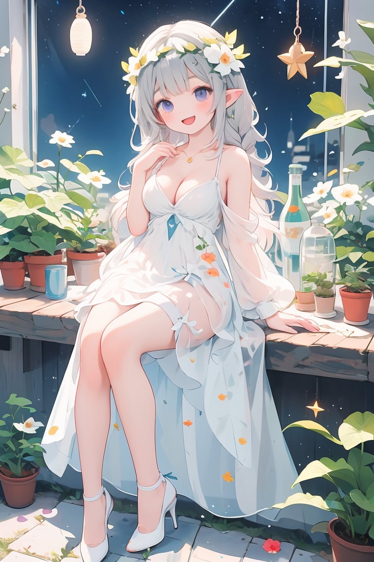 1girl,solo,long hair,flower,dress,purple eyes,breasts,white flower,white dress,sitting,bangs,hair ornament,night,hair flower,high heels,white footwear,see-through,sky,emilia (re:zero),shooting star,plant,sleeveless dress,braid,star (sky),potted plant,smile,sleeveless,night sky,bare shoulders,cleavage,starry sky,open mouth,grey hair,full body,strap slip,medium breasts,petals,blush,indoors,bare arms,:d,jewelry,looking at viewer,pointy ears,head wreath,blunt bangs