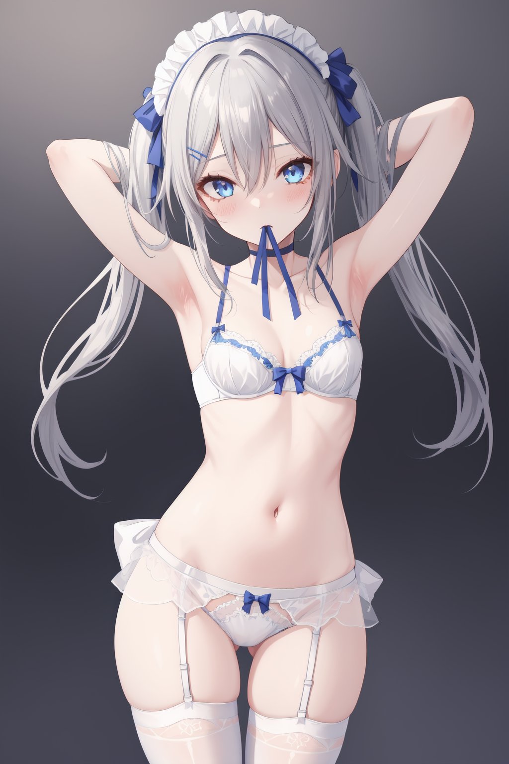 1girl, solo, underwear, thighhighs, panties, long hair, armpits, skindentation, looking at viewer, navel, blue eyes, white thighhighs, bra, breasts, ass visible through thighs, garter belt, mouth hold, lingerie, hair ornament, arms up, ribbon, bangs, bow, twintails, nail polish, thighs, blue nails, thigh gap, cowboy shot, stomach, white bra, bare shoulders, white panties, underwear only, hair between eyes, blue ribbon, standing, blush, small breasts, bow panties, choker, see-through, maid headdress, ribbon in mouth, collarbone, headdress, grey hair, po style, s6xryc3, add9evlo65x, sfd6de8tv, sd6cepo5s, sf6ce9w8hd, sd69eogd, 5wsd6gics