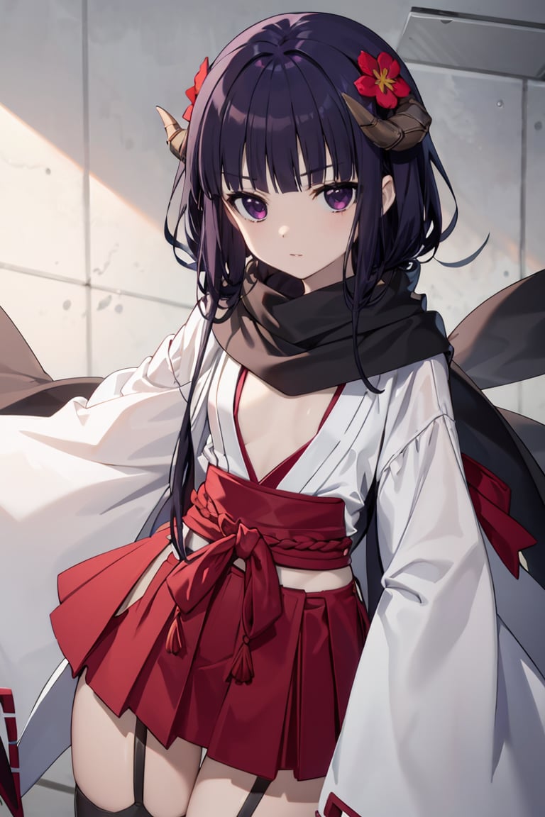 masterpiece, best quality, ultra-detailed, glistening shiny, glowing light, ray tracing, HDR, deph of field, (perfect face, detailed face),  <lora:ShirakiinRirichiyo:0.7>, ririchiyo, black hair, long hair, flat chest, horns, hair flower, miko, hakama short skirt, black scarf, black thighhighs, garter straps, hip vent, standing