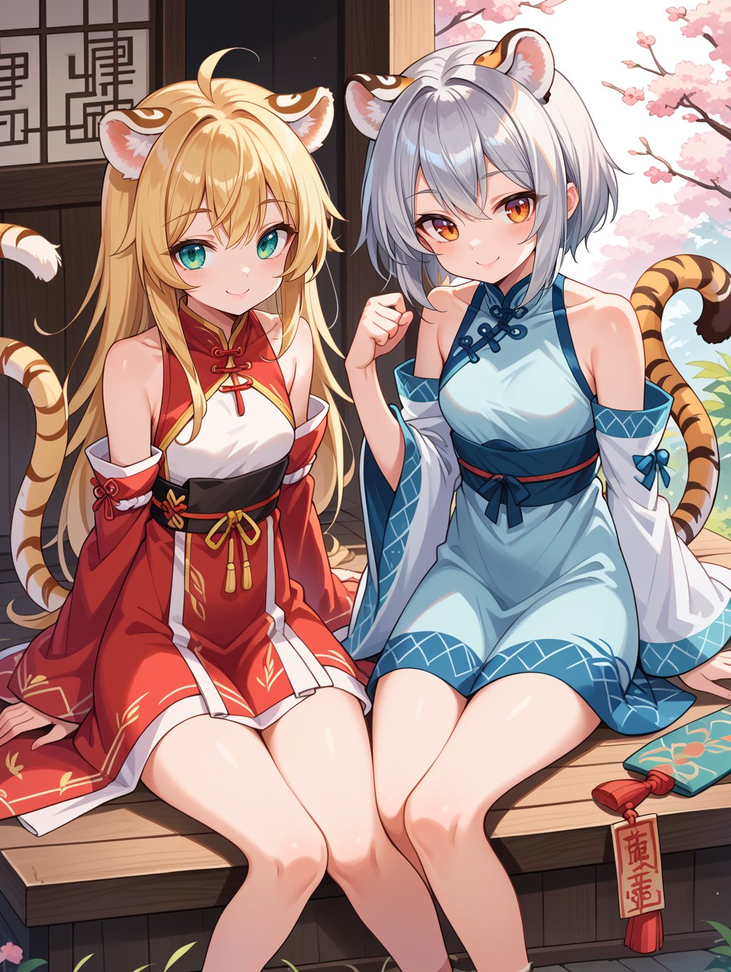 score_9, score_8_up, score_7_up,source_anime,bai and huang,tiger tail,tiger ears,tiger girl,tiger paws, multiple girls,animal ears,blonde hair,silver hair,small breasts, bare shoulders,2girls, dress,wide sleeves,sleeveless,giggling,thighs,sitting,smile,,