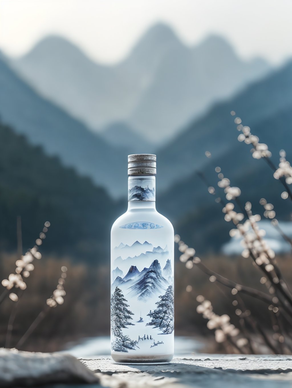 bottle,no humans,tree,branch,blurry,outdoors,depth of field,mountain,sky,GQSY,