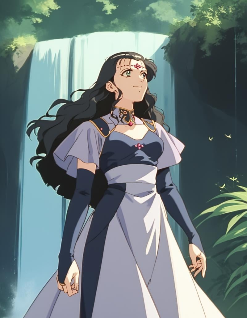 score_9,  score_8_up, score_7_up, source_anime, <lora:lydia-ponyxl:0.9> lydia, circlet, dress, bridal gauntlets1girl, waterfall, standing, looking to the side, smile