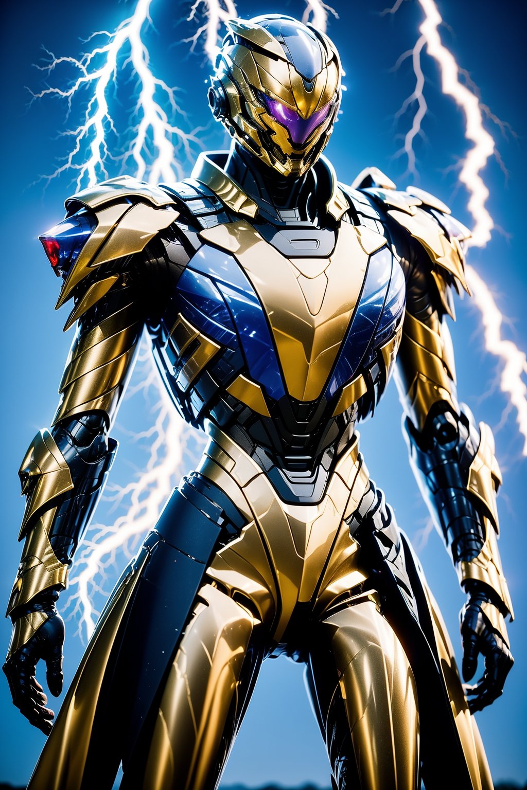 glowing, solo, armor, electricity, glowing eyes, power armor, science fiction, helmet, tokusatsu, male focus, 1boy, lightning, standing, no humans, looking at viewer, blue background, cowboy shot, robot