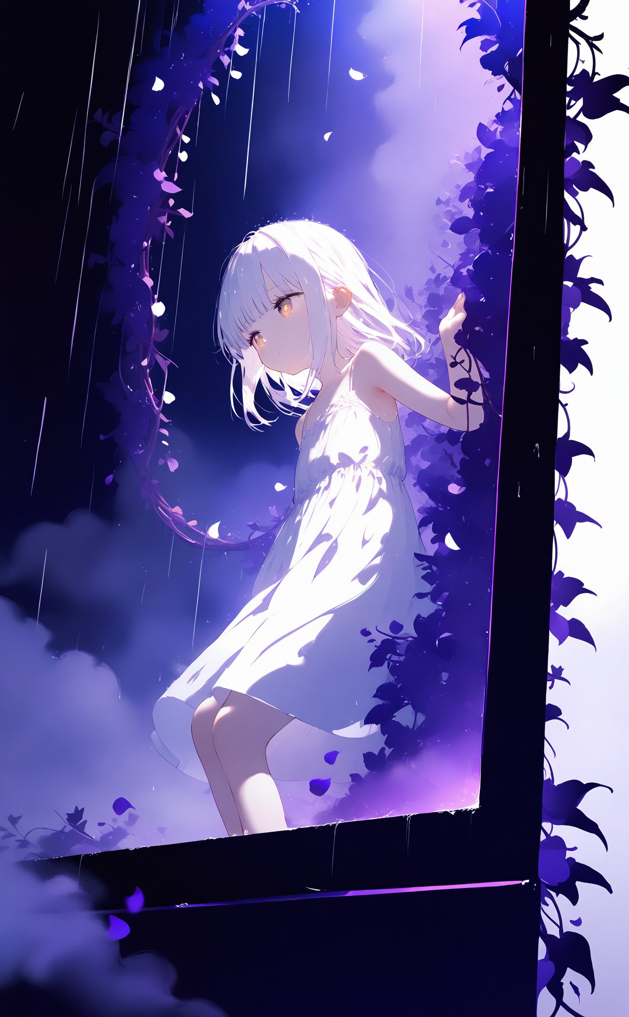 masterpiece,best quality,high quality,(colorful),nai3 Style,loli,white background,Dundar effect,a lot of purple vines,vines covering half of the painting,delicate plant details,a girl,girl,petite girl,long white hair,golden pupils,white dress,bare feet,side,side,upper body,head up,sad eyes,rain,light,figure light,petals,purple filter,left,fog,dream,unreal,Blur,float light,