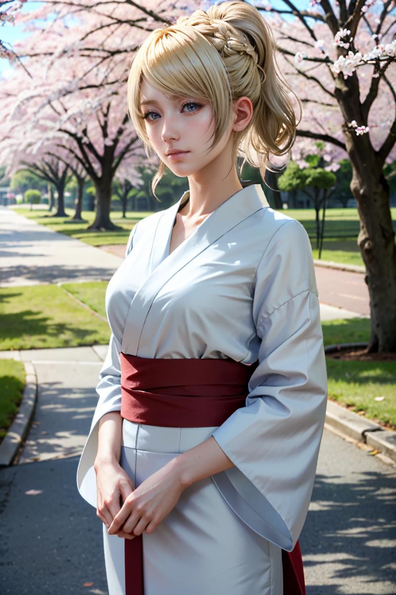 ((ultra detailed, masterpiece, absurdres)) <lora:FFLuna:0.8>FFLuna, 1girl, blonde hair, looking at viewer, in a traditional kimono, surrounded by cherry blossoms