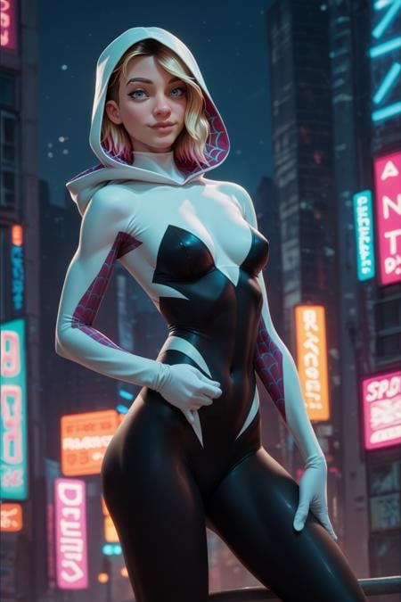 score_9,score_8_up,score_7_up,Spider-Gwen (Gwen Stacy) swings through a neon-lit city,