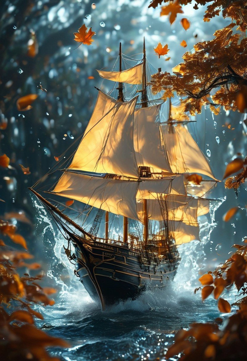 Midjourney style, cinematic style, high quality, realism, chiaroscuro, still film, National Geographic expressive surreal unusual professional  macro photo of a detailed white line art  contoured sailing ship placed inside giant  flying waterdrop falling out of an autumn leaf, tree branch,  intricated lights and shadows, sharp focus on ship      