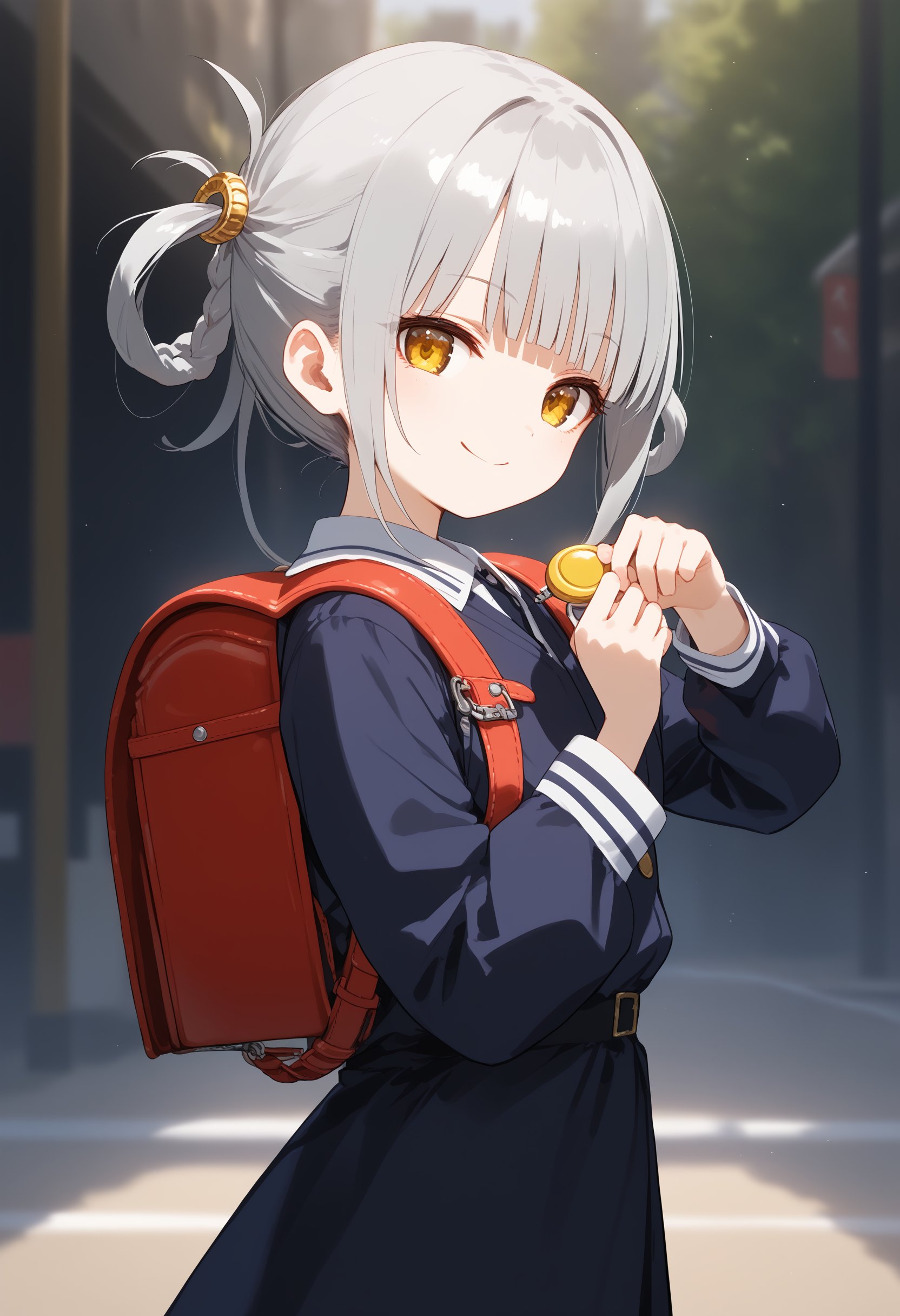 1girl, solo,crime prevention buzzer, holding, looking at viewer, hands up, randoseru, backpack, <lora:crimepreventionbuzzer_Pony_v1:0.8>from side, cowboy shot, looking ahead, gray hair, golden eyes,archaic smile, fortresses, closed mouth, hair rings hair,,