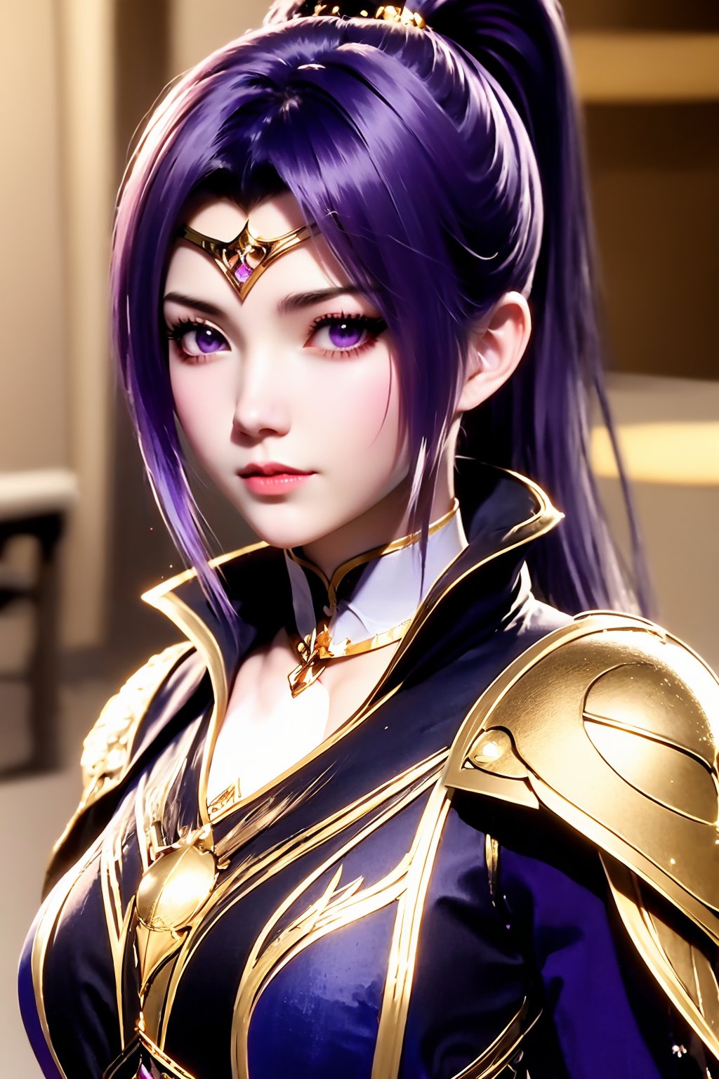 AgainAnimeLora2.8D, 1girl, solo, ponytail, upper body, long hair, armor, looking at viewer, closed mouth, purple hair, hair ornament, purple eyes, shoulder armor, blurry background, black hair, realistic, blurry, breasts, collar, lips, detached collar, breastplate