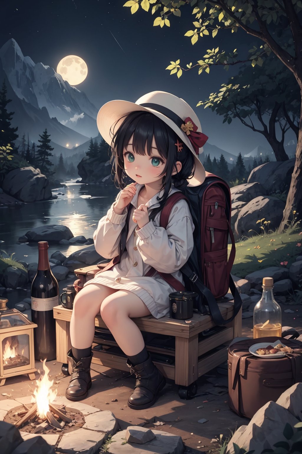 masterpiece,best quality,ultra-detailed,illustration,1girl,solo,outdoors,camping,night,mountains,nature,stars,moon,bonfire,tent,twin ponytails,green eyes,cheerful,happy,backpack,sleeping bag,camping stove,water bottle,mountain boots,gloves,sweater,hat,flashlight,forest,rocks,river,wood,smoke,shadows,contrast,clear sky,constellations,Milky Way,peaceful,serene,quiet,tranquil,remote,secluded,adventurous,exploration,escape,independence,survival,resourcefulness,challenge,perseverance,stamina,endurance,observation,intuition,adaptability,creativity,imagination,artistry,inspiration,beauty,awe,wonder,gratitude,appreciation,relaxation,enjoyment,rejuvenation,mindfulness,awareness,connection,harmony,balance,texture,detail,realism,depth,perspective,composition,color,light,shadow,reflection,refraction,tone,contrast,foreground,middle ground,background,naturalistic,figurative,representational,impressionistic,expressionistic,abstract,innovative,experimental,unique,