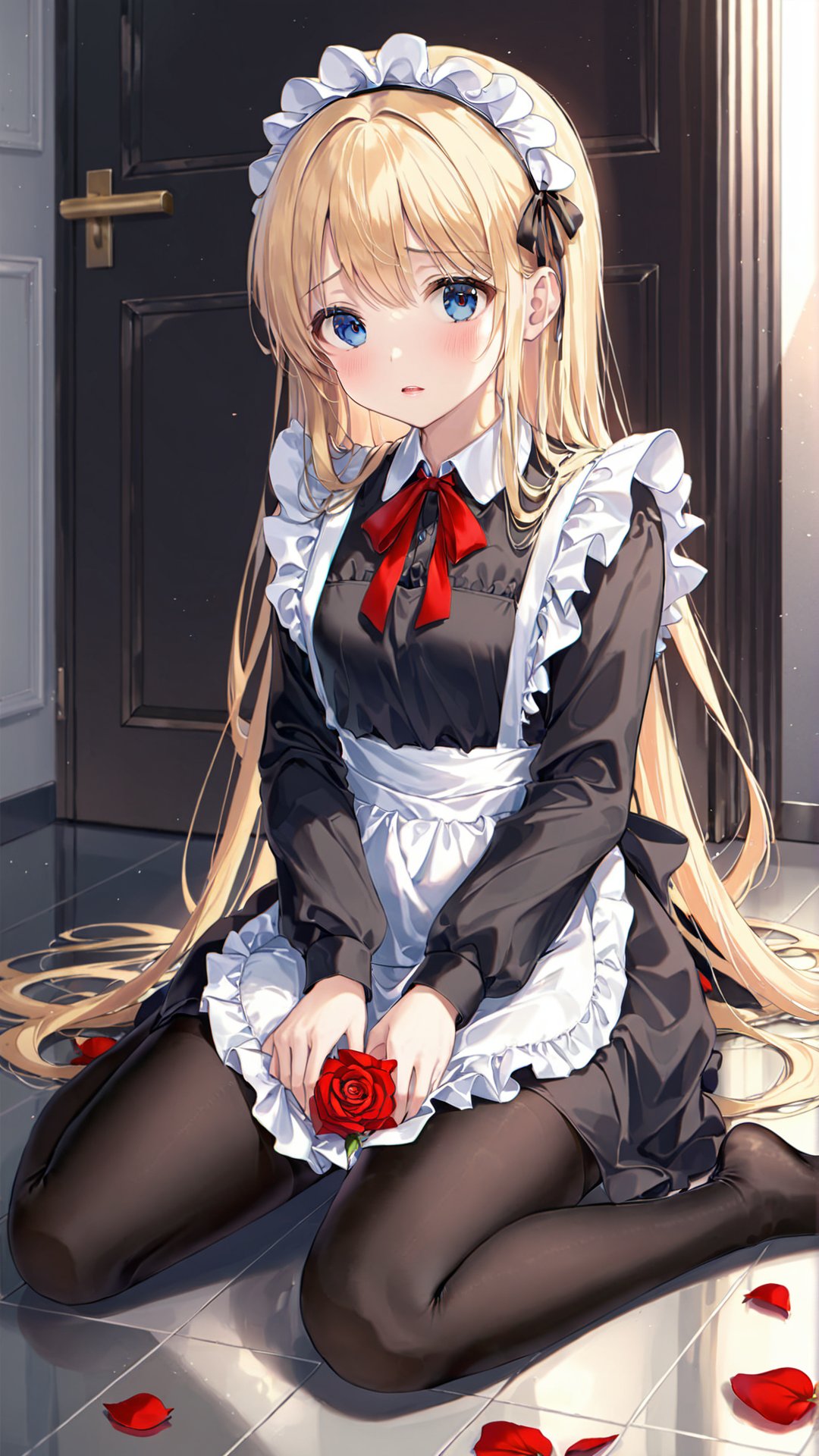 artist(roha), roha, , 1girl, solo, long hair, maid, rose, flower, apron, blonde hair, maid headdress, looking at viewer, maid apron, sitting, blush, dress, petals, red flower, pantyhose, long sleeves, rose petals, bangs, red rose, frills, black pantyhose, blue eyes, white apron, black dress, very long hair, parted lips, neck ribbon, black ribbon, on floor, indoors, ribbon, frilled apron