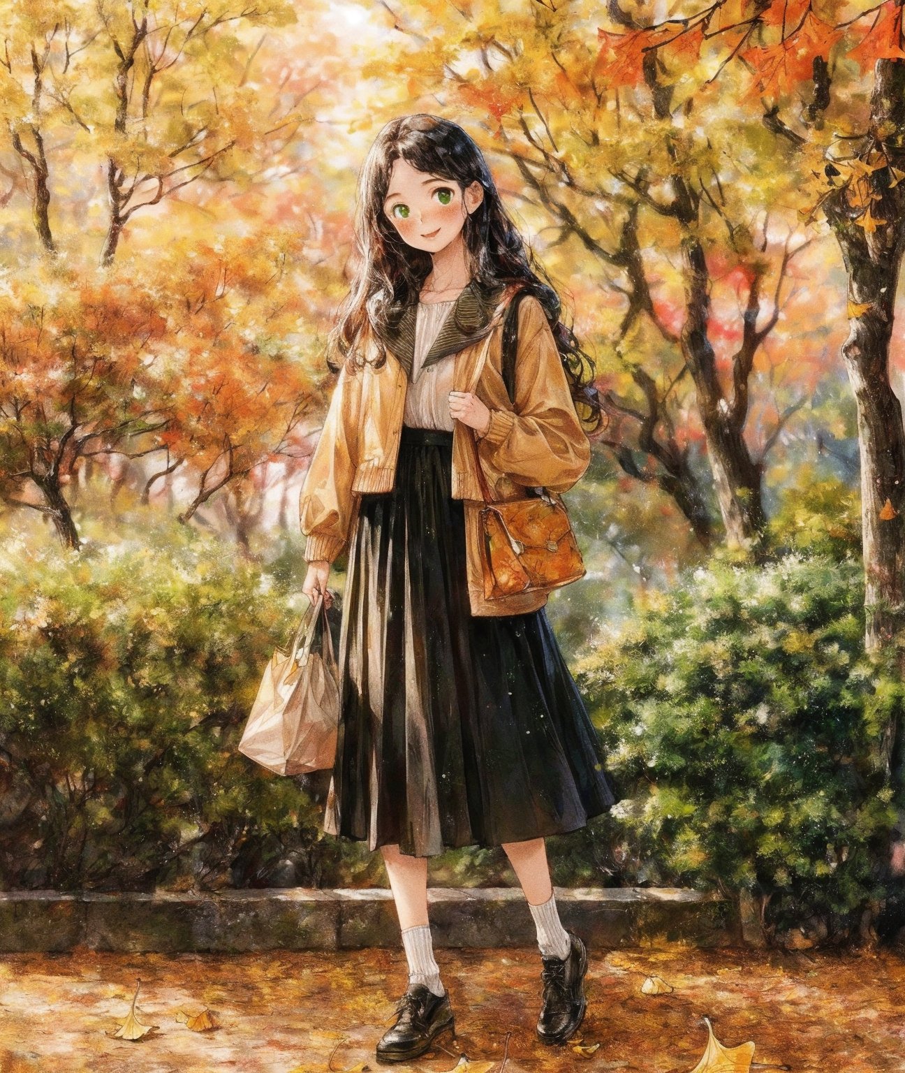 masterpiece,best quality,realistic,highres,Highly detailed,blurry background,<lora:add_more_details:0.5>,1girl,black hair,leaf,long hair,socks,shoes,bag,smile,solo,ginkgo leaf,long sleeves,holding,holding bag,blush,green eyes,black skirt,skirt,standing,((autumn leaves)),yellowjacket,