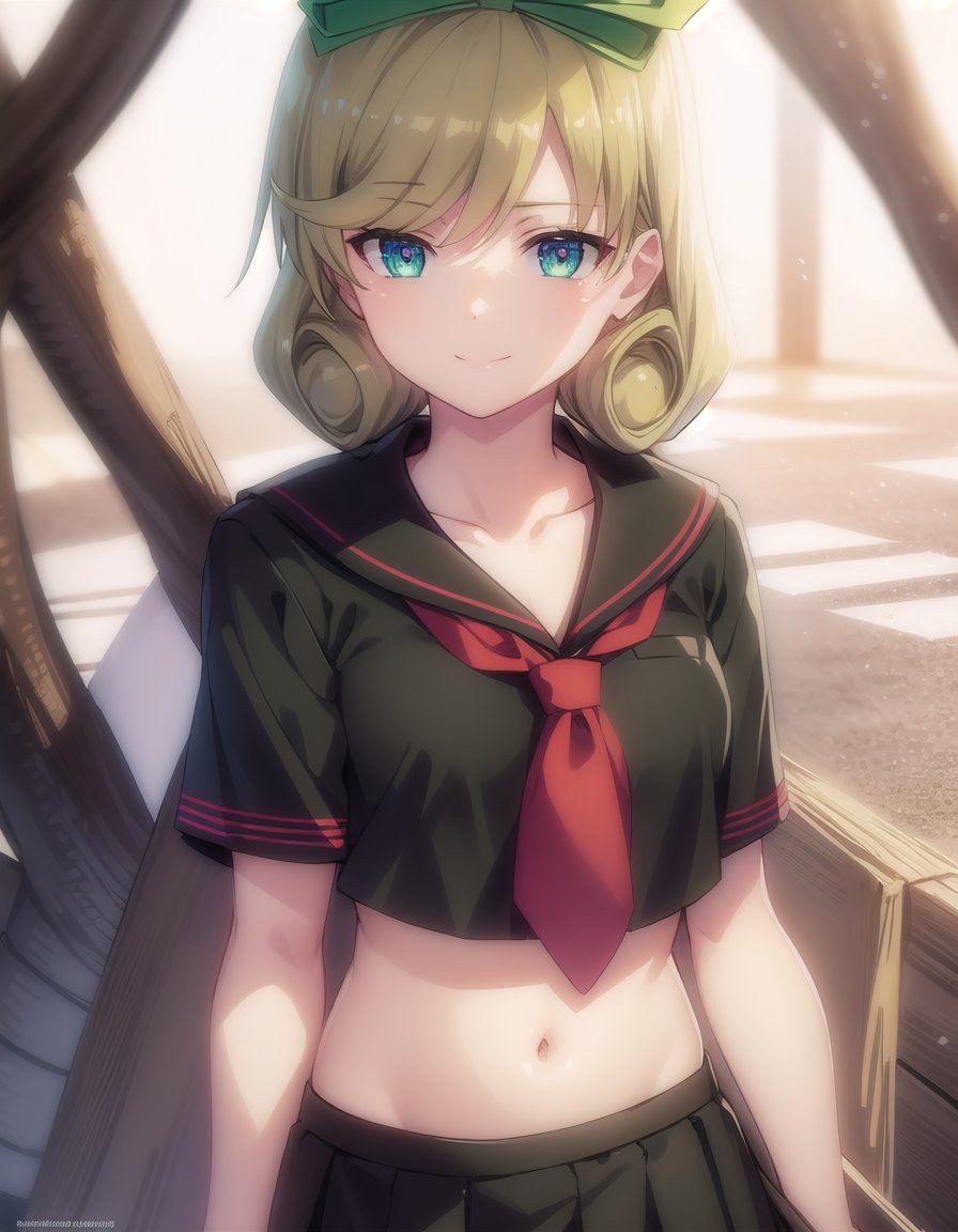 skharuka, <lora:sk haruka s1-lora-nochekaiser:1>,haruka, short hair, blonde hair, (green eyes:1.3), hair bow,BREAK skirt, bow, navel, necktie, serafuku, midriff, crop top, (black serafuku:1.2),BREAK outdoors, beach,BREAK looking at viewer, (cowboy shot:1.5), smile,BREAK <lyco:GoodHands-beta2:1>, (masterpiece:1.2), best quality, high resolution, unity 8k wallpaper, (illustration:0.8), (beautiful detailed eyes:1.6), extremely detailed face, perfect lighting, extremely detailed CG, (perfect hands, perfect anatomy),