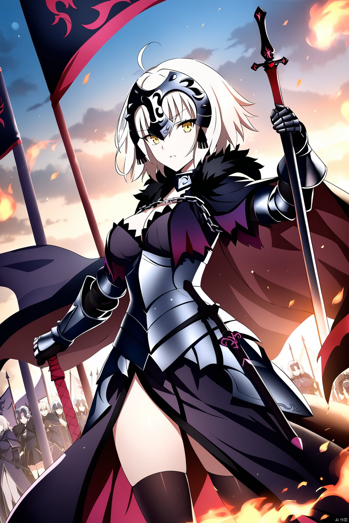 high quality picture, full HD picture, 8K resolution, 1girl, jeanne d'arc alter (fate), jeanne d'arc alter (avenger) (fate), solo, weapon, thighhighs, yellow eyes, sword, armor, holding, ahoge, black thighhighs, looking at viewer, holding weapon, short hair, cape, headpiece, breasts, holding sword, armored dress, black dress, fur trim, gauntlets, flag, dress, standing, banner, white hair, medium breasts, chain, fire, sky, parted lips