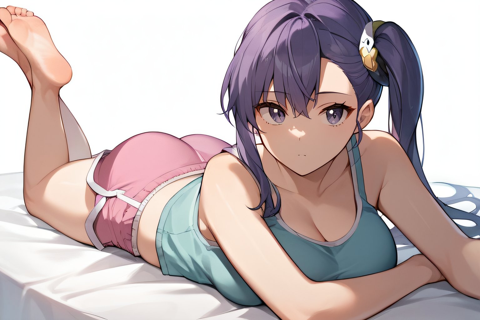 score_9, score_8_up, score_7_up, score_6_up, score_5_up, score_4_up, BREAK source_anime, masterpiece, best quality, ultra quality, <lora:PONY_Risa_chan:1>, risa, purple hair, purple eyes, side ponytail, hair ornament, cowboy shot, aqua tank top, pink shorts, looking at viewer, large breasts, lying on bed, on stomach, expressionless, barefeet, full body, thick thighs