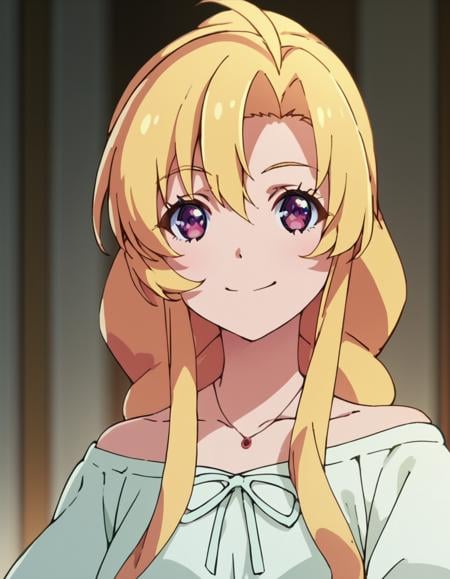 score_9, score_8_up, score_7_up, score_6_up, score_5_up, score_4_up, source_anime, , Fal, long hair, blonde hair, hair between eyes, purple eyes,  soft smile, portrait