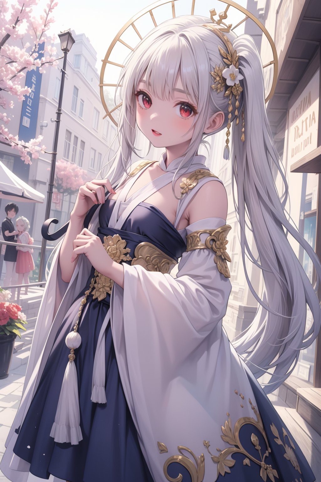 ((masterpiece)),((best quality)),((official art)),(extremely detailed CG unity 8k wallpaper),((highly detailed)),((illustration)),(from the Side below),full body,((an extremely delicate and beautiful girl with silver long hair and scrunchie)),looking to the side,(solo:1.4),(wearing light cyan hanfu with gold silk thread-like pattern ),puffy long cyan sleeves,(waist hangs a delicate round jade pendant and a white scabbard),holding oil-paper umbrella,dryzzle,(stand at the lively bazaar),masterpiece,best quality,masterpiece,best quality,(silver hair),(long hair),(red eyes),(long high ponytails),((1girl)),solo,