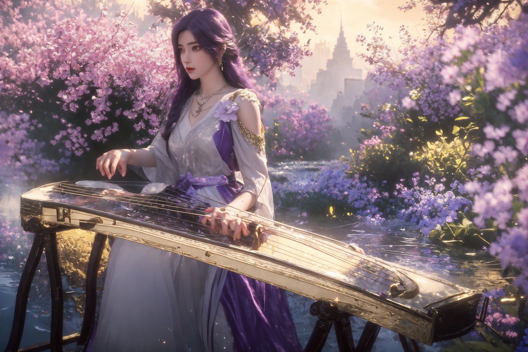 ((4k,masterpiece,best quality)),professional camera,8k photos,wallpaper,purple hair,1girl,solo,long hair,(dress:1.3),jewelry,eyes,earrings,outdoors,sky,sparkle_water,necklace,dress,lips,sparkle,sitting,flower,outdoors,water,tree,music,playing instrument,zither,Flowers,meadows,lavender,butterflies,<lora:NM_FC-云曦-易容泛化_2.0 (1):0.8>,<lora:美人胚子(油彩画风):0.4>,