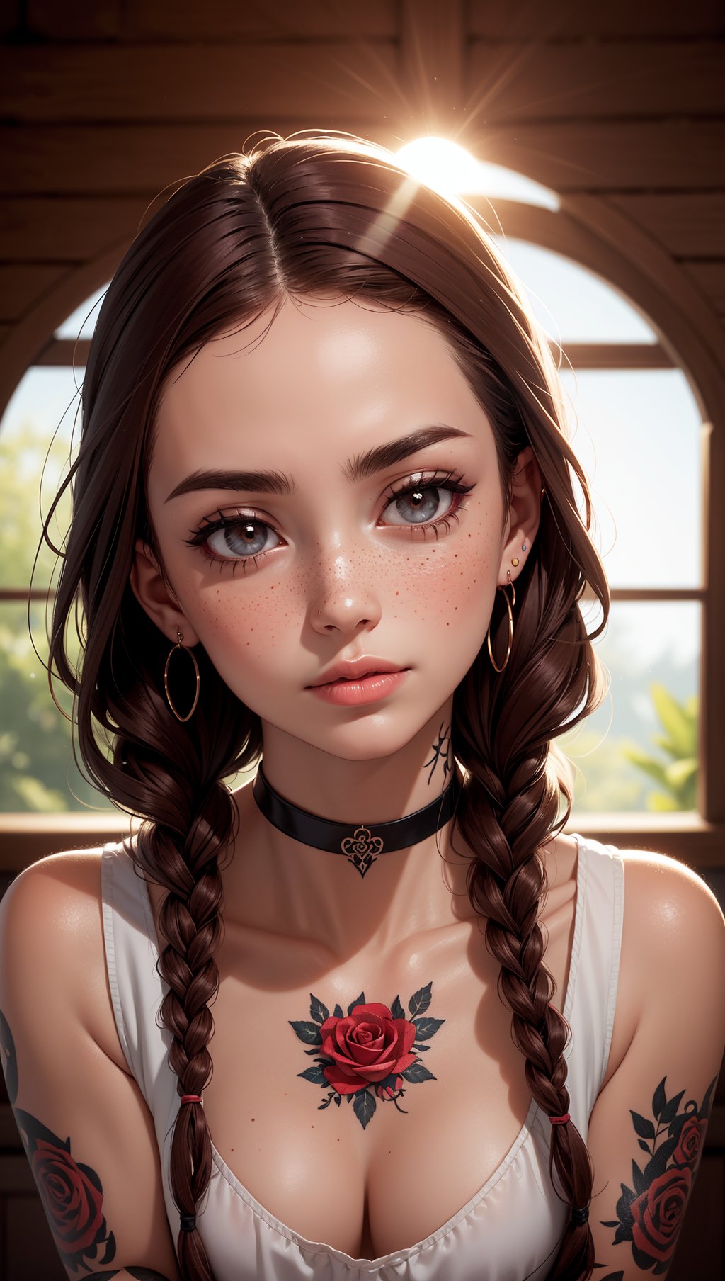 SFW,highest quality,woman,27 year old,backlighting,black choker,blurry background,blush,closed mouth,collarbone,earrings,forehead,freckles,hair over shoulder,jewelry,long hair,looking down,pointy nose,lips glossy,shadow,solo,thick eyebrows,thick eyelashes,upper body,red hair,braids,tattoos,tattoos on arms,black rose tattoos on neck,sun beams,warm light,cozy,((masterpiece)),