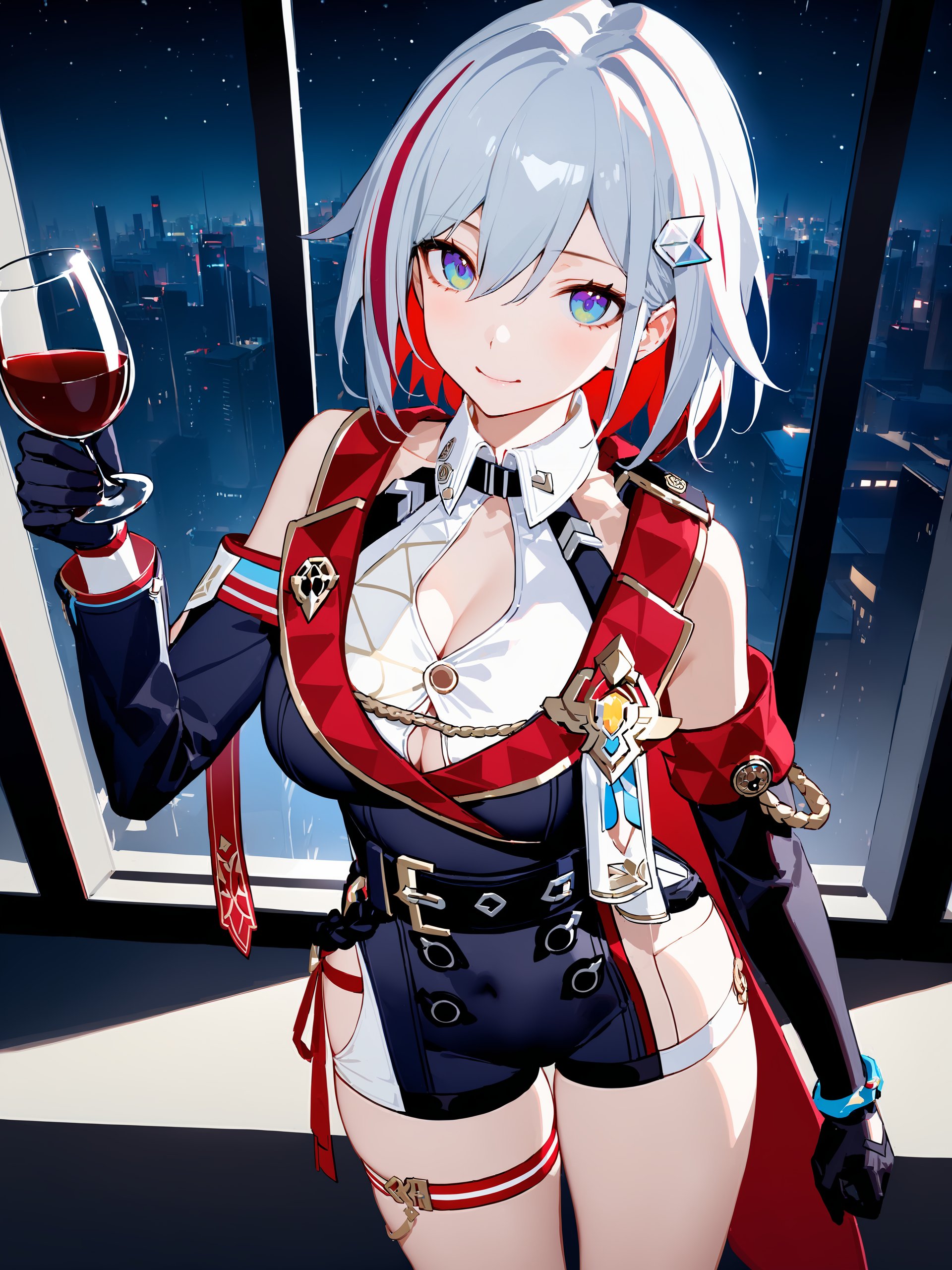 masterpiece, best quality, perfect features, intricate details, ray tracing, very aesthetic, (hitenkei, askzy:0.4), 1girl, topaz \(honkai: star rail\), solo, black gloves, thigh strap, hair ornament, unitard, detached sleeves, badge, side cape, belt, light smile, looking at viewer, cowboy shot, floor-to-ceiling window, cityscape, starry sky, holding wine glass, ecstasy, gasping  <lora:Char-HonkaiSR-Topaz-XL-V1:0.8>