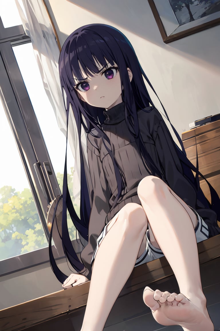 masterpiece, best quality, ultra-detailed, glistening shiny, glowing light, ray tracing, HDR, deph of field, (perfect face, detailed face), <lora:ShirakiinRirichiyo:0.7>, ririchiyo, black hair, long hair, flat chest, angry, disgust, looking down, black sweater, turtleneck, white shorts,  feet focus, feet, no shoes, sitting, low angle