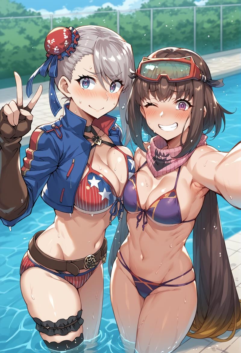 2girls, selfie, wink, v, smile, blush, outdoors, pool, wet, sweat, 1girl, blue eyes, long hair, grey hair, single sidelock, single hair bun, bun cover, red bun cover, American Flag Bikini, cropped jacket, long sleeves, asymmetrical gloves, fingerless gloves, asymmetrical legwear, asymmetrical footwear, Single Thighhigh, thigh boots, belt,  <lora:Musashi:1>BREAK2girls, selfie, wink, v, smile, blush, outdoors, pool, wet, sweat, very long hair, multicolored hair, gradient hair, brown hair, blonde hair, purple eyes, low twintails, scarf, bikini, goggles on head, thigh holster, gloves <lora:Osakabehime:1>,, score_9, score_8_up, score_7_up, score_6_up, score_5_up, score_4_up, BREAK source_anime, masterpiece