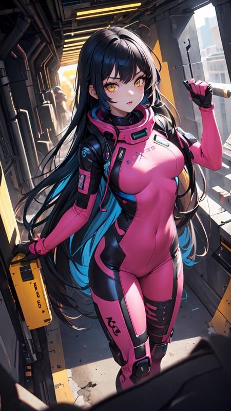 (masterpiece, best quality:1.2), 1girl, solo, black long hair with blue shadow, yellow eyes, vey tight pink space suit, look at the view, dark deep tunnel, <lora:detail_slider_v4:1.4>,