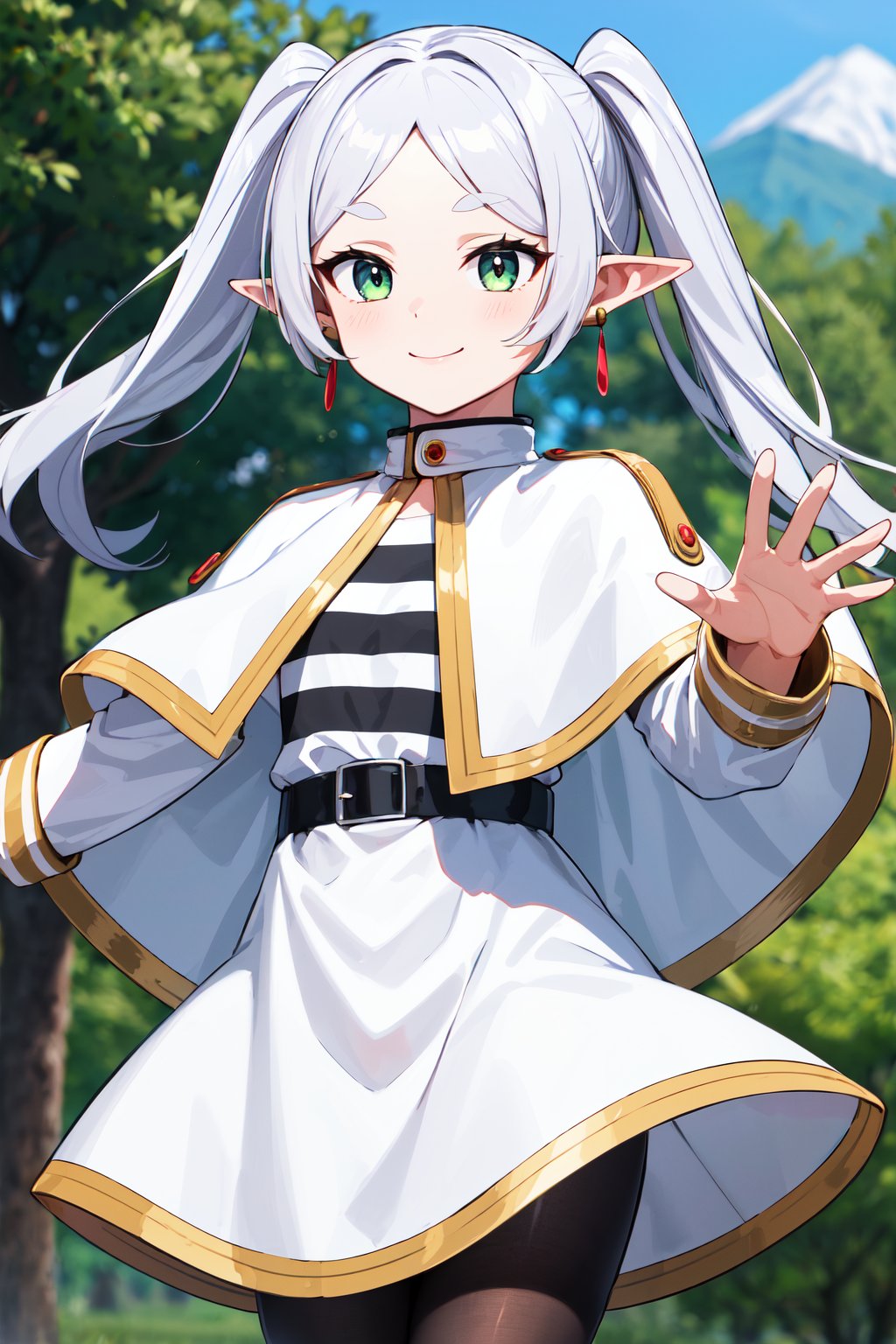 masterpiece, best quality, highres, aafrie, long hair, white hair, twintails, pointy ears, earrings, thick eyebrows, white capelet, striped shirt, long sleeves, belt, white skirt, black pantyhose, <lora:frieren_v1:0.7>, waving, smile, outdoors, 