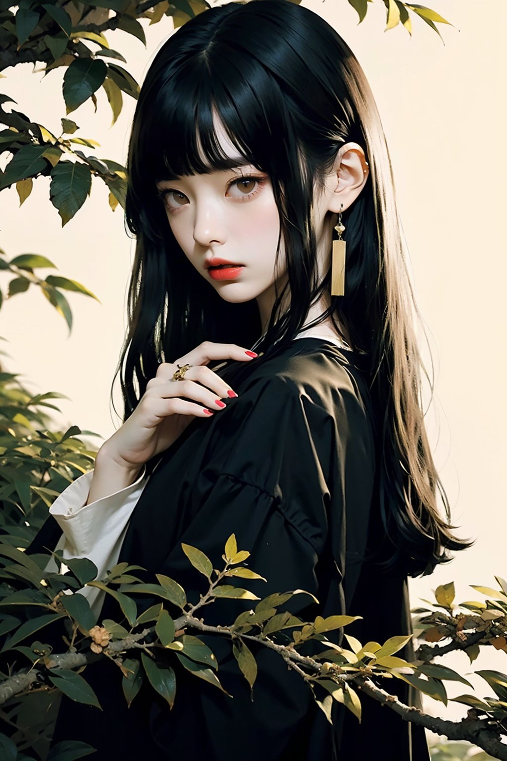 1girl,solo,black hair,bangs,jewelry,long hair,earrings,blunt bangs,looking at viewer,japanese clothes,upper body,closed mouth,branch,brown eyes,red lips,plant,hime cut,makeup,nail polish,<lora:linhe fuheigongzhuqie_20231018110238:0.7>,